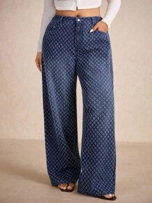 Elaquor Plus Size Oversized Blue Jeans High Waist Straight Jacquard Jeans Comfortable Elastic Waistband French Old Money Style Fall Women Clothes Wide Leg Pants - Dark Wash - View 7