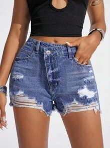 Jeanoix Damen Destroyed Fransensaum Lässige Vielseitige Denim-Shorts, Sommer - Mittele Waschung - Übersicht 4