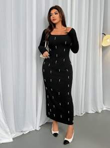 Firerie Vestido maxi elástico de manga larga con perlas, unicolor, talla grande, adecuado para ir al trabajo, oficina, ocasiones formales, fiestas, reuniones, temporada primavera/otoño/invierno