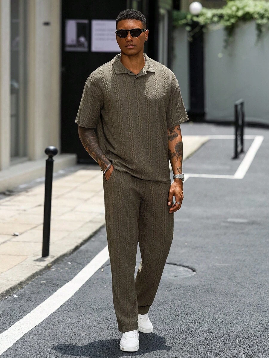 Manfinity Homme 男士纯色卡其色 Polo 衫，面料舒适，款式基本，男士夏季两件套，Old Money - 卡其色 - 查看 1