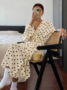 Livesso Heart Pattern Allover Print Long Sleeve Casual Bathrobe With Waist Belt Pajama, Fall, Winter - Black and White - View 6