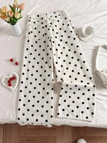 Comfortcana Women's Polka Dot Casual Versatile Wide Leg Button Pocket Jeans - Black and White - View 2
