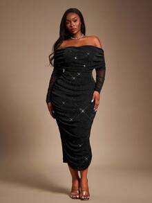 Radiana 大码女式秋冬、春夏优雅华丽迷人性感基本款亮片网眼面料露肩褶饰网眼紧身连衣裙，闪亮、闪亮、时尚，适合日常穿着派对礼服 - 黑色 - 查看 4