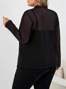 SHEIN CURVE+ 大码女式休闲透视网眼荷叶边立领长袖 T 恤大码透视上衣大码黑色上衣 8xl 女装 Curve Plus 上衣女式 Curve Plus 服装秋季女装、冬季、CURVE PLUS/秋冬 - 黑色 - 查看 2