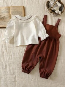 SHEIN Baby Girls' Embroidered Collar Blouse And Corduroy Suspender Pants 2pcs Set,Cute Vintage Fall Winter Clothes,Autumn Photoshoot All Shades Of Brown - Brown - View 2