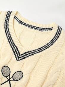 SHEIN 女童针织毛衣，简约时尚学院风，经典麻花图案，精致刺绣细节，V领，适合秋冬 - 米色 - 查看 4