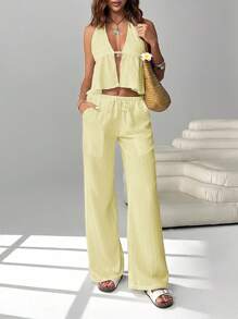 SHEIN EZwear 女式休闲度假纯色露背系带娃娃装露背上衣和宽松阔腿裤（带侧袋）两件套，夏季 - 黃色 - 查看 7