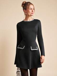 SHEIN Clasi 女士圆领长袖拼色简约休闲短款连衣裙 - 黑色 - 查看 4