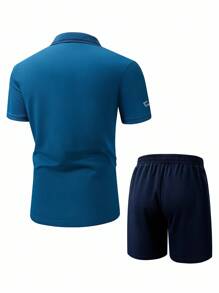 Manfinity Homme 男士刺绣纽扣 Polo 衫和口袋短裤休闲两件套（L 码不对称款） - 藍色 - 查看 2