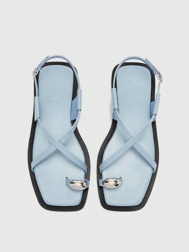 CUCCOO BIZCHIC Women's Comfortable Casual Flat Sandals, Toe-Thong, Metal Buckle Strap, Square Toe, Leisure Sandals