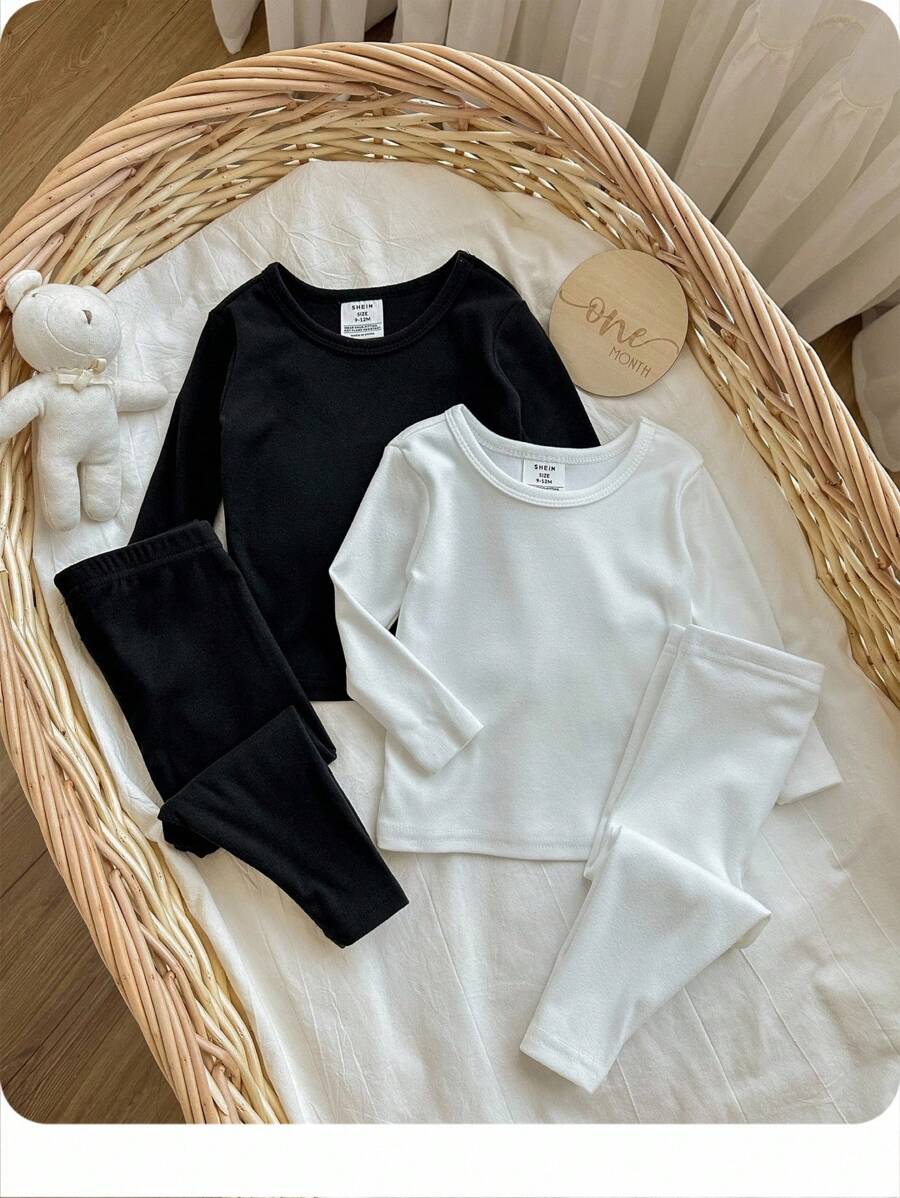 4pcs Baby Boy Snug Fit Casual Long Sleeve Top And Pants Soft Elastic Bodysuit Set - Black and White - View 1