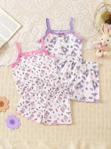 Back To School Fashion 4pcs/Set Young Girl Knitted Camisole & Shorts Set, Cute Rabbit & Kitten Pattern, Purple & Rose Red, Spring/Summer - Multicolor - View 1