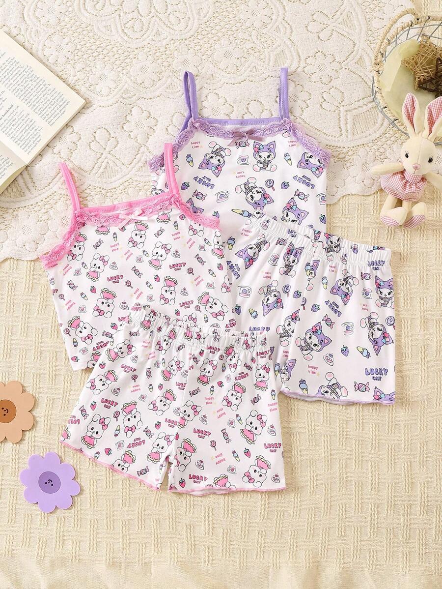 Back To School Fashion 4pcs/Set Young Girl Knitted Camisole & Shorts Set, Cute Rabbit & Kitten Pattern, Purple & Rose Red, Spring/Summer - Multicolor - View 1