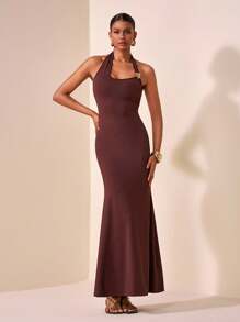 Zivah Women's Dark Brown Chic Summer Maxi Dress,Halter Neck Backless Bodycon Fishtail Hem Long Dress For Date Night,Front Metal Buckle Decor Ruched - Brown - View 6