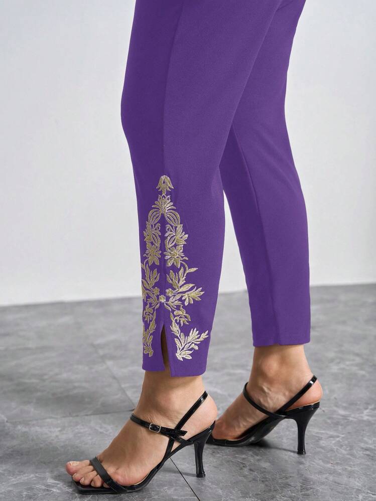 SHEIN Clasi Plus Size Slit Embroidered Floral Pattern Casual Retro Pants Women Pants - Purple - View 1