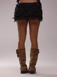 MUSERA Fringe Knit Micro Mini Skirt Low Rise Summer Sexy Festival Holiday Ibiza Rave Boho Vacation Escapade Chic Spring - Black - View 5