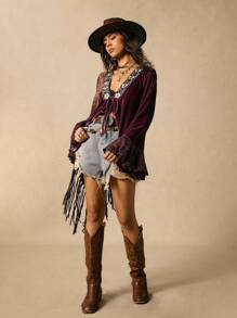 Easelle Vintage Nomadic V-Neck Tie-Up Rose Lace Patchwork Flare Sleeve Loose Women Thin Jacket Western Boho Bohemian Clothes For Women Women Western Wear Free People Witchy Clothes Boho Women S Western Wear Velvet Kimono Jacket Fall Clothes Women Lace Boho Top Velvet Boho Top Bohemian Tops For Women Boho Tops For Women Boho Blouses For Women, - Multicolor - View 6