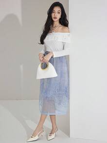 Modelyn 女士优雅3D花卉装饰露肩长袖T恤返校国庆节返校夜出秋季女装韩版露肩长袖单肩立体花卉风格韩版针织上衣 - 白色 - 查看 6