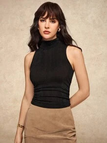 House of One Old Money Glittery Knit Mock Neck Sleeveless Ruched Black Top Women Elegant Casual Autumn Black Tank Top Women Black Sleeveless Top Turtleneck Tank Top High Neck Tank Top Black Turtleneck Tank Top Sleeveless Turtleneck Mock Neck Tank Top Black Turtleneck Top Sleeveless Turtleneck Top Fall Outfits Business Professional Women Business Casual Woman - Black - View 3