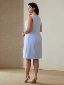 MOTF PREMIUM ROCHIE PÂNĂ LA GENUNCHI, CU DECOR CU MĂRGELE, FĂRĂ MÂNECI, MĂRIME PLUS - Bleu - Vizualizare 3