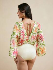Miriam Omar Multi Floral Printed V Neck Tie Back Flared Sleeves Summer Bodysuit Women Casual Vacation - Multicolor - View 3