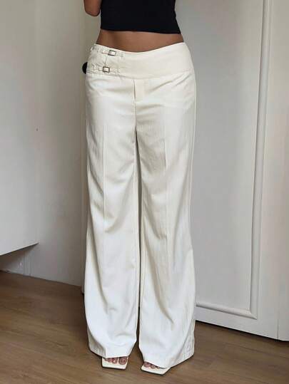 SHEIN EZwear Plus Size Women Casual White Buckle Detail Waist Loose Wide Leg Long Pants White Wide Leg Pants Women White Flare Pants Cream Pants,Business Casual Woman