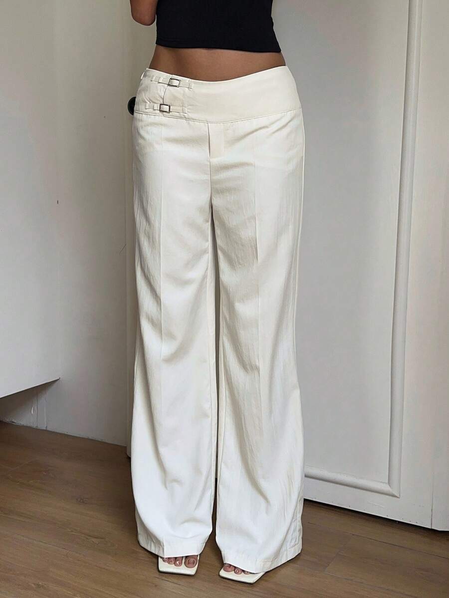 SHEIN EZwear Quần ống rộng dài thường ngày màu trắng có chi tiết khóa cài cỡ lớn cho nữ - trắng - Xem 1