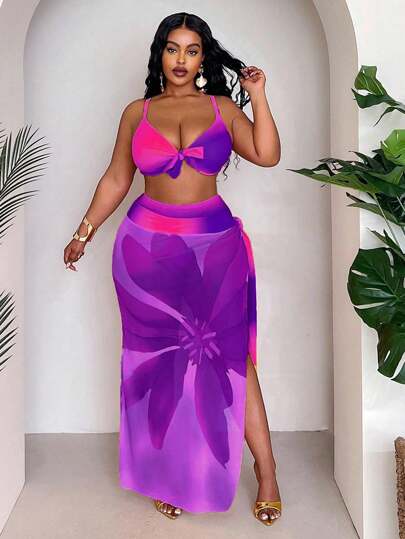 Slaydiva Plus Size Women's 3 Pieces Set, Random Ombre Print Stylish Simple Sexy Placement Print Skirt, High Waisted Panty, Daily Fashion Vacation Split Bikini Set Set For Summer