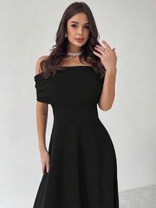 Firerie 女士优雅简约精致浪漫时尚性感连衣裙，露肩高腰 A 字形伞裙，适合度假、通勤、约会，灰色长裙 - 黑色 - 查看 8