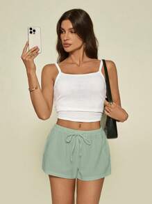 SHEIN Tall 100%纯棉，棉麻质感夏季低腰女式短裤 - 綠色 - 查看 4