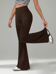 SHEIN Tall 女式休闲纯色高腰喇叭裤 - 棕色 - 查看 6