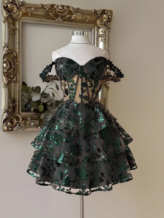 Lovelzi Élégante et luxueuse robe de bal à bustier en satin avec patchwork de sequins verts brodés, taille transparente et volants multicouches