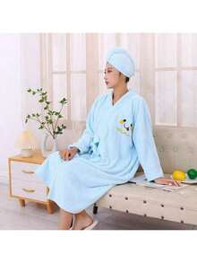 SHEIN Phụ nữ mặc áo choàng tắm có thể mặc váy tắm dài tay ren chéo bằng vải san hô dày kèm khăn tắm, phù hợp cho phòng tắm/phòng ngủ/phòng khách - Nhiều màu - Xem 12