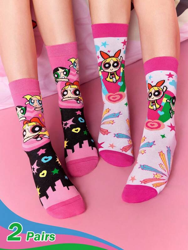 THE POWERPUFF GIRLS X SHEIN 2 Pairs Soft & Breathable Moisture-Wicking Casual Women Crew Socks With Blossom, Bubbles, Buttercup Pattern Fashionable And Cute White & Pink Crew Socks Reinforced Toe & Heel For Durability All Season All-Match,Y2K