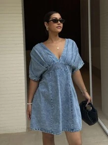 Dripcurv 大码女式蓝色雪花图案深V领牛仔连衣裙，中长袖夏季连衣裙