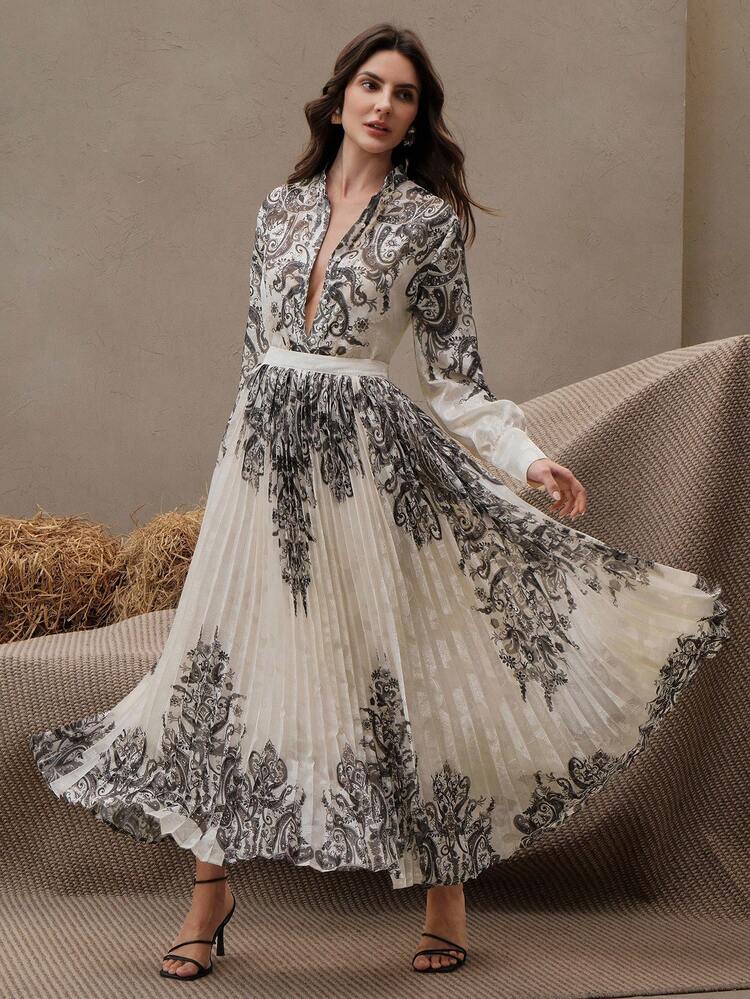 Elegant Women's Apricot Color Pleated Flared Floral Print Skirt, Suitable For Spring, Summer, Business Casual, Graduation