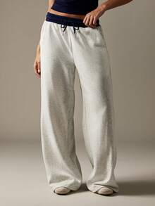 MISSGUIDED 女式阔腿运动裤运动俱乐部图案设计休闲家居裤混色撞色腰带抽绳舒适家居服街头时尚秋冬 - 淺灰色 - 查看 2