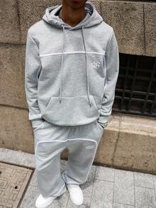 PAVTROS Manfinity Streetrush Men's Street Style Gothic Letter Print Drawstring Hoodie Set ,Fall Clothes - Grey - View 5