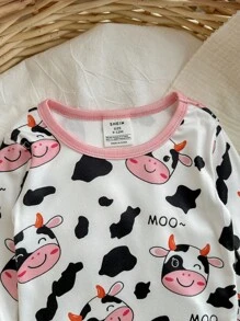 2pcs Baby Girl Snug Fit Cute Cow Print Colorblock Round Neck Long Sleeve Pajama Set, Soft & Comfortable For Autumn/Winter