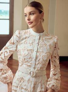 ZEYLAH 女式立领灯笼袖优雅3D花卉刺绣连衣裙