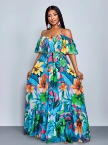 SOLERSUN Đầm xòe dáng rộng tay ngắn viền lá sen phong cách mới mùa xuân hè cỡ lớn, xếp ly rộng rãi, dáng suông, thanh lịch, thoải mái, kỳ nghỉ, cây hoa gợi cảm, thời trang dành cho nữ - Màu xanh lam - Xem 6