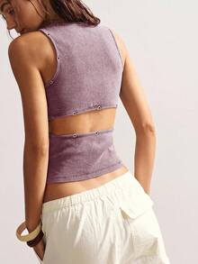 Bohemela 休闲复古美式露背纯色针织方领金属镂空设计修身短款女式背心 - 酒紅色 - 查看 6