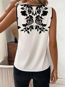 SHEIN Clasi 女士玫瑰印花无袖V领背心，夏季 - 杏色 - 查看 2