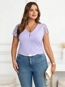 SHEIN Clasi Plus Size Casual Solid Color Lace Patchwork Short Sleeve T-Shirt - Mauve Purple - View 5