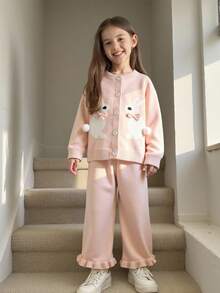 SHEIN Vintaside Kids 休闲可爱的粉色连衣裙，饰有兔子图案和蝴蝶结。两件套包括针织开衫和针织阔腿裤。柔软舒适，适合日常、户外活动、旅行、度假、居家、幼儿园等场合。也可作为开学服、派对服、秋冬季百搭服装、春冬季服装、节日女童装。 - 粉色 - 查看 6