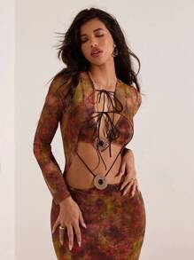 Opulessa 性感镂空金属装饰高开衩修身印花长袖女式派对连衣裙，适合度假穿着 - 彩色 - 查看 5