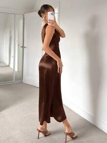 Siren Gaze 女式纯色不对称无袖腰收腰中长连衣裙，夏季 - 咖啡棕 - 查看 4