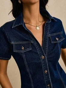 Poéselle Casual Front Button Short Sleeve Women Denim Jackets, Old Money, Business Casual Woman, Fall Women Clothes