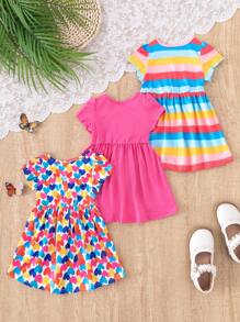 SHEIN 3pcs/Set Baby Girls' Casual Colorful Striped Heart Print Round Neck Hooded Dress