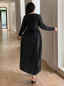 Dazy Plus Đầm maxi dài tay ôm sát, cổ xếp ly, màu trơn, co giãn, dành cho nữ, mùa thu/đông. - màu đen - Xem 2